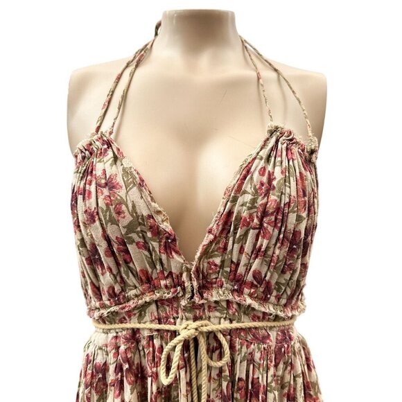 Free People Boho Floral Plunge Halter Neck Swing Sundress Rope Tie Waist Women M - Picture 5 of 9
